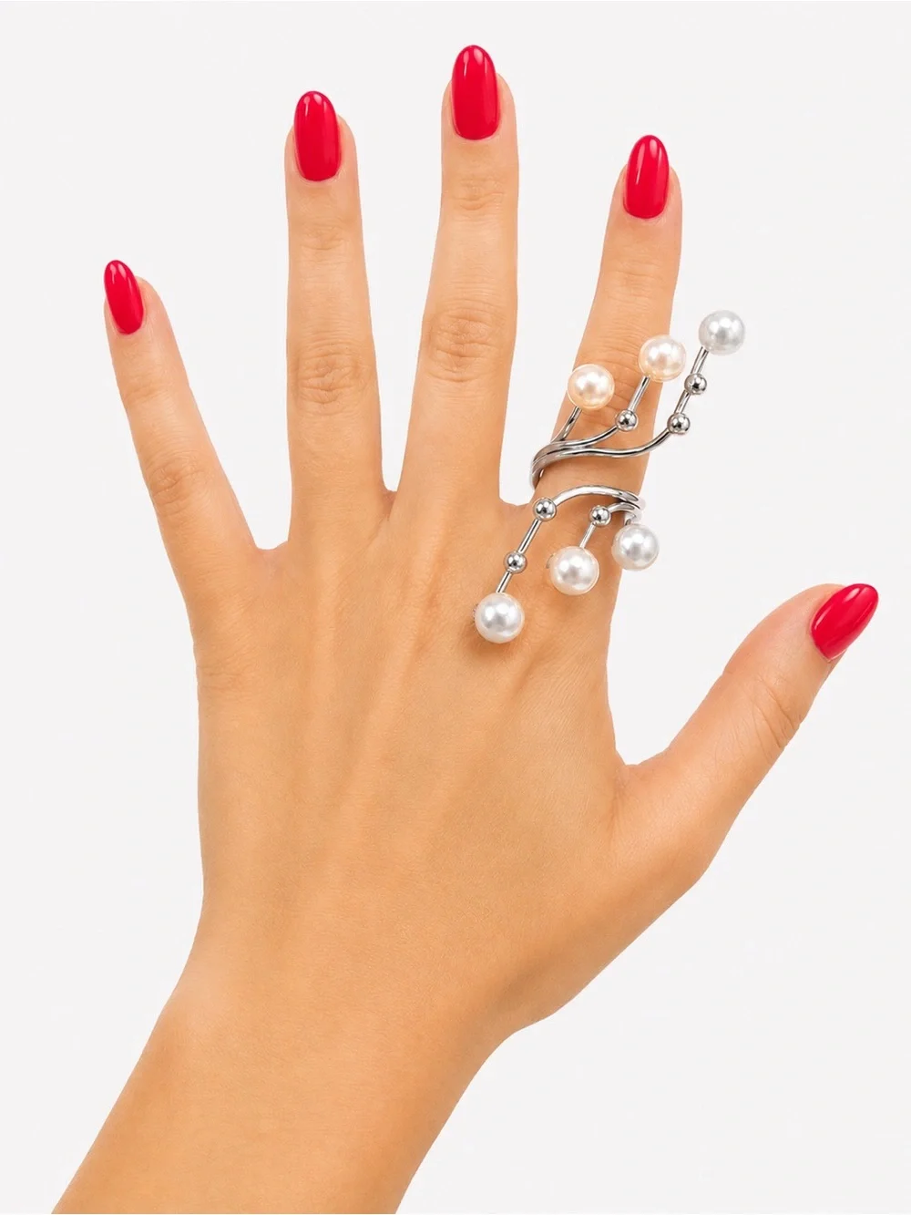 New Statement Pearl Wrap Ring – Silver‎ Tone Adjustable Fashion Ring